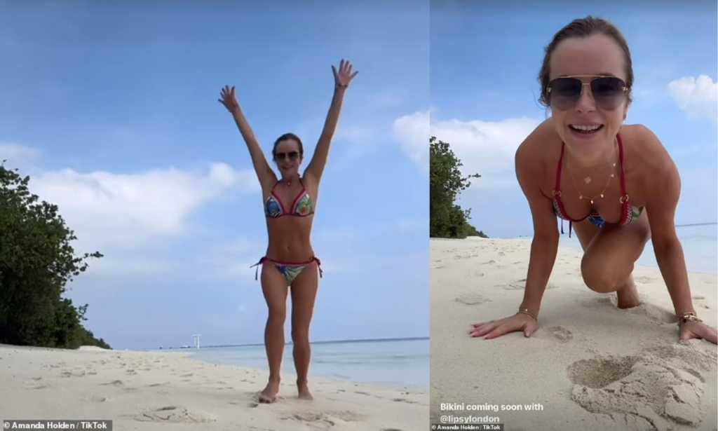 Amanda Holden showcases washboard abs in tropical print bikini as she teases swimwear drop during Maldives getaway