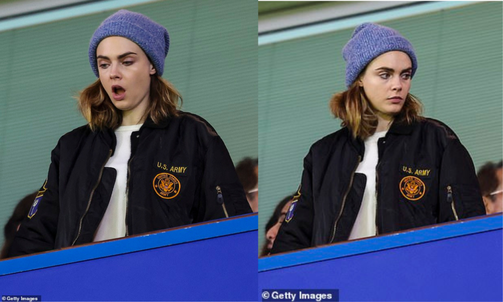 At one point, Cara switched her football shirt for a bomber jacket