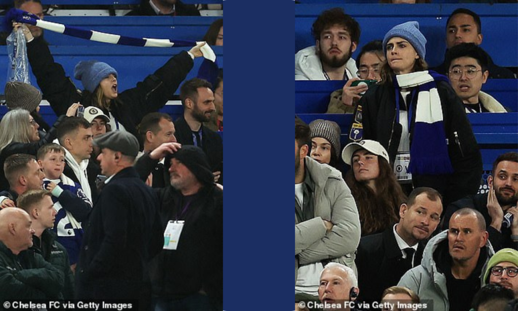 Fully immersed in the thrilling atmosphere, Cara hoisted her blue and white scarf above her head and screamed her team on to victory from the sidelines