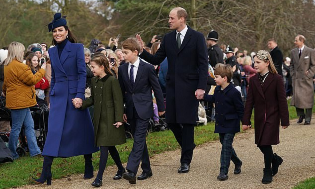 In the video, the Princess explained how 'it has taken us time to explain everything to George, Charlotte and Louis in a way that is appropriate for them' and to 'reassure them that I am going to be okay' (pictured: the Prince and Princess of Wales with Princess Charlotte, Prince George, Prince Louis and Mia Tindall)