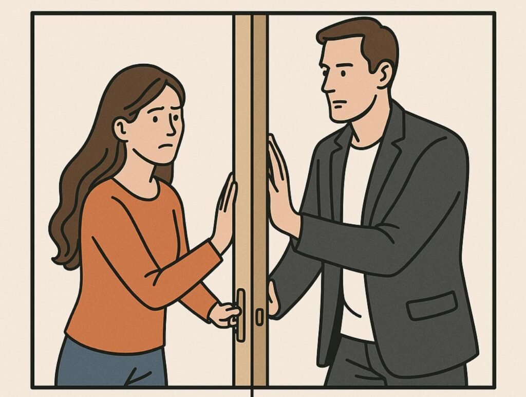 Katie trying to stop strange man from entering her apartment