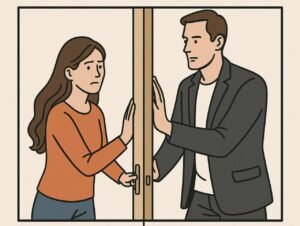 Katie trying to stop a man from entering into her apartment